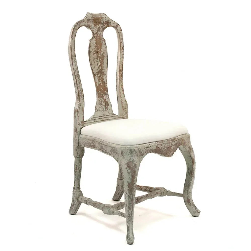 Distressed French country dining chair with white cushion, shabby chic style