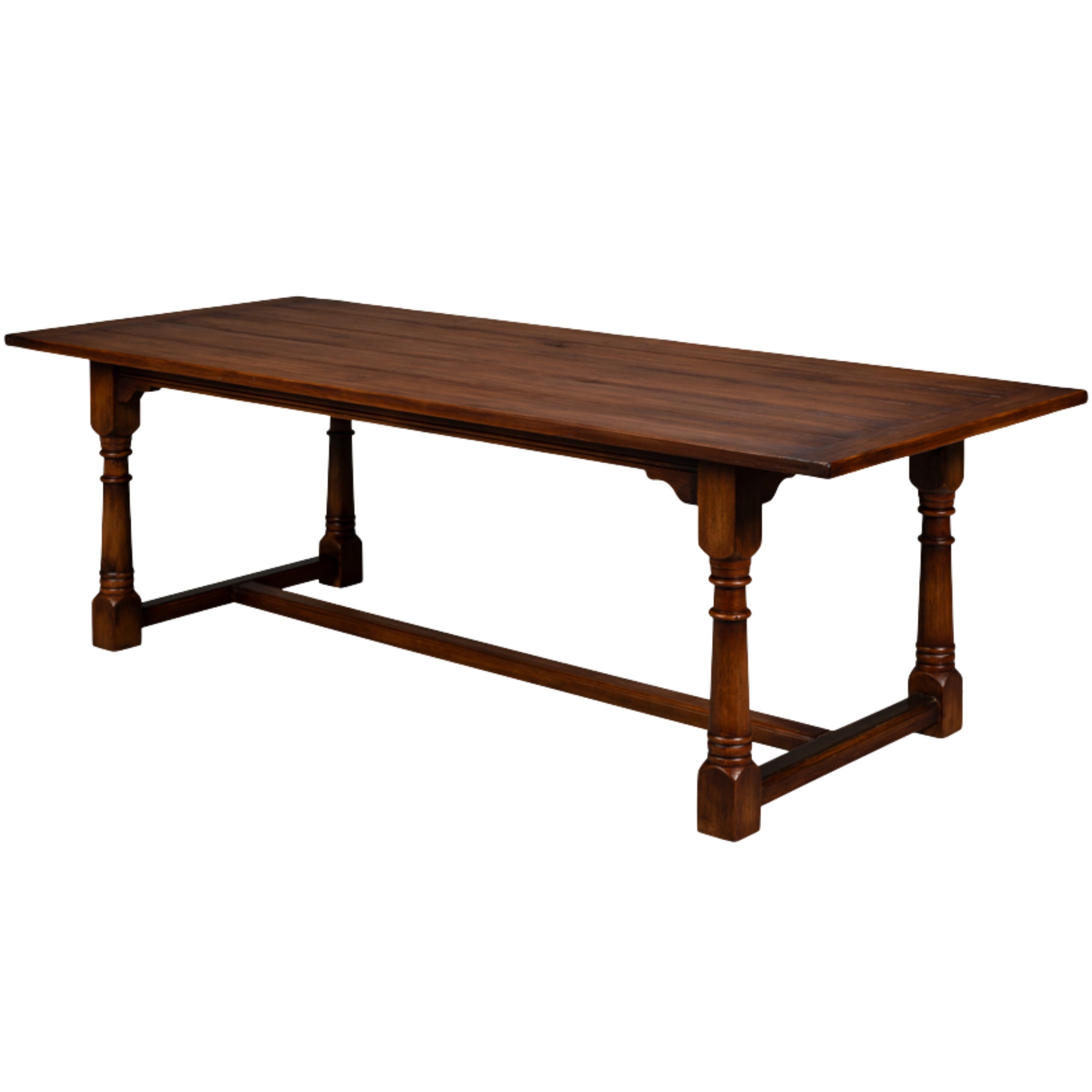 A dark brown wooden dining table with turned legs and a stretcher base, shown from a three-quarters angle on a solid white background.