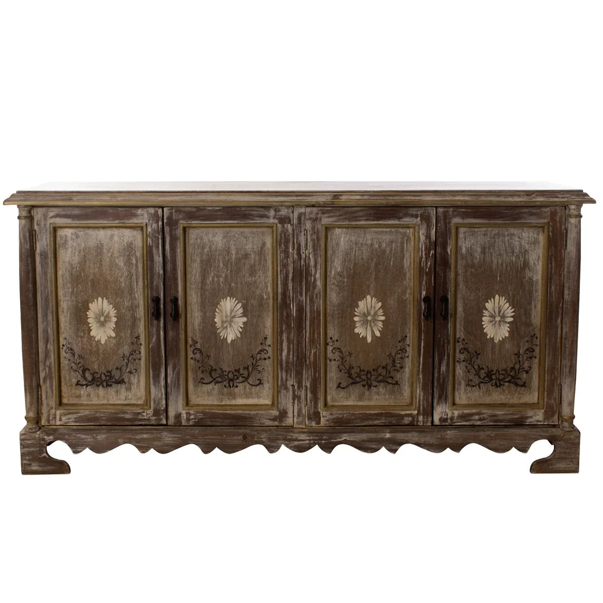 Rustic shabby chic sideboard with floral inlays and scalloped base, perfect for farmhouse decor