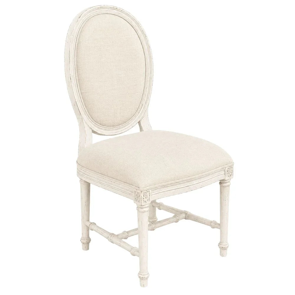 French country style oval back dining chair in cream fabric with distressed white wood finish