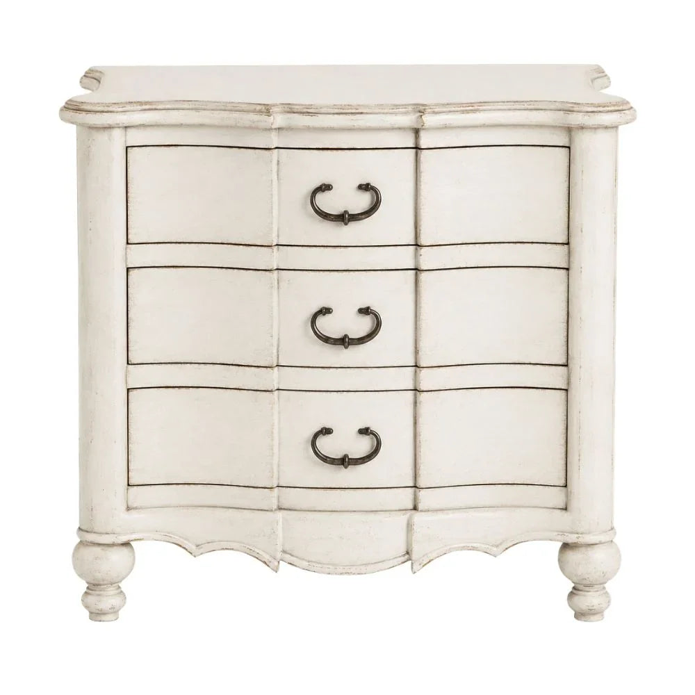White French country style 3-drawer nightstand with antique bronze handles.
