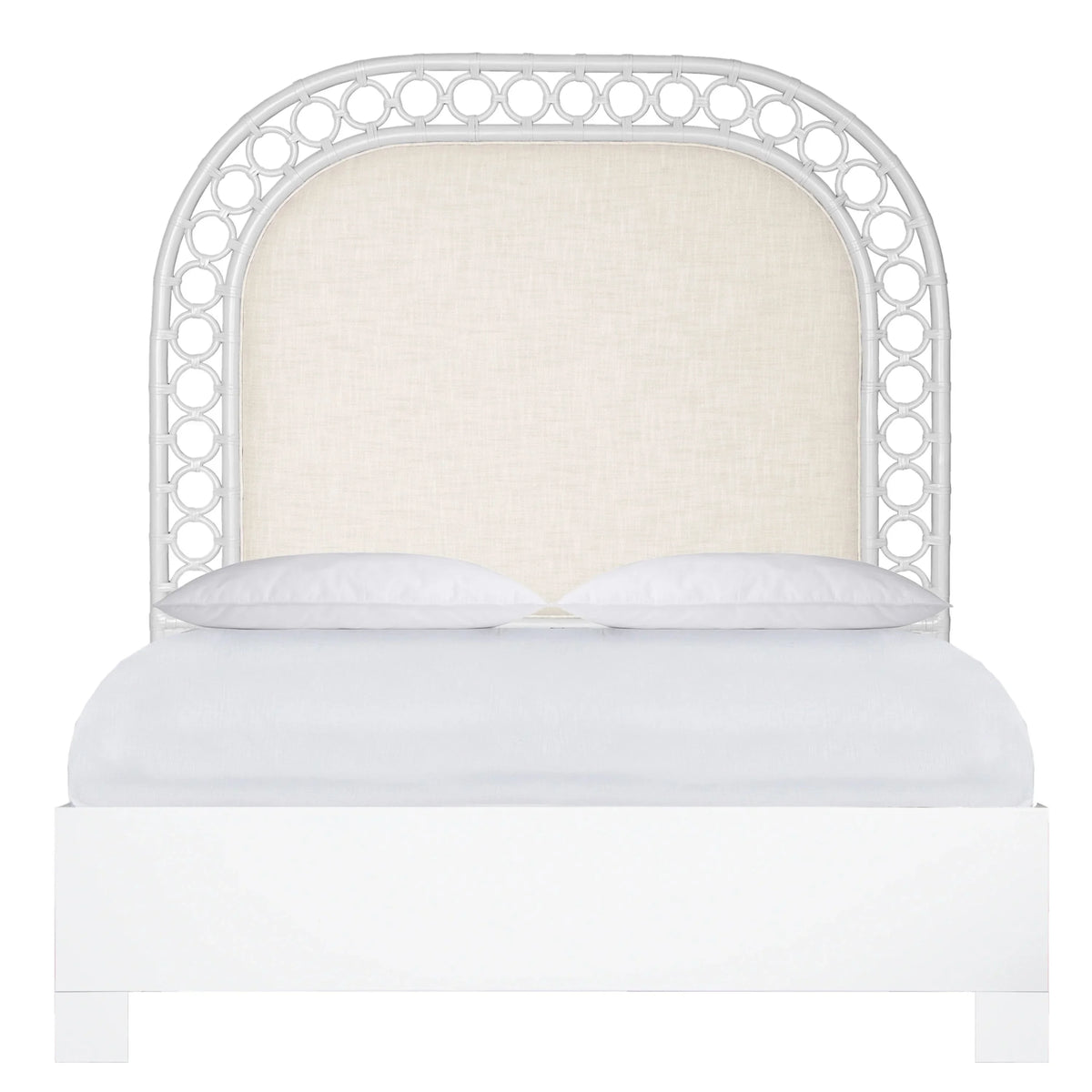 White French country arched headboard bed with cane-style frame and fabric inlay.