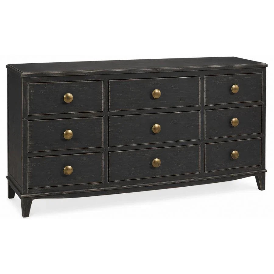 Black farmhouse style nine-drawer dresser with antique brass knobs.