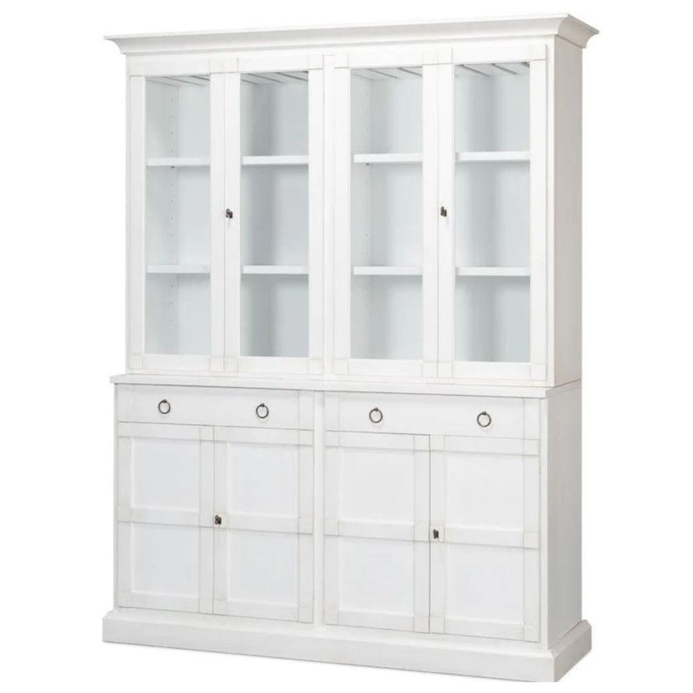 White French country style hutch with glass-door display cabinets and lower storage cupboards.