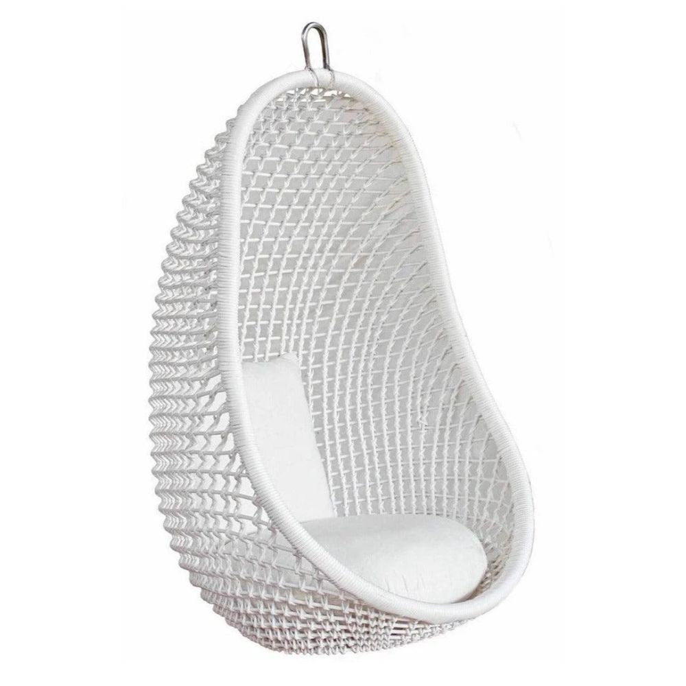White woven boho hanging egg chair with white seat cushion