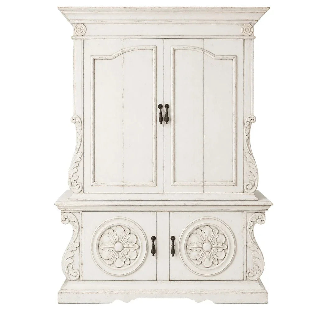 White Ornately Carved Entertainment Armoire