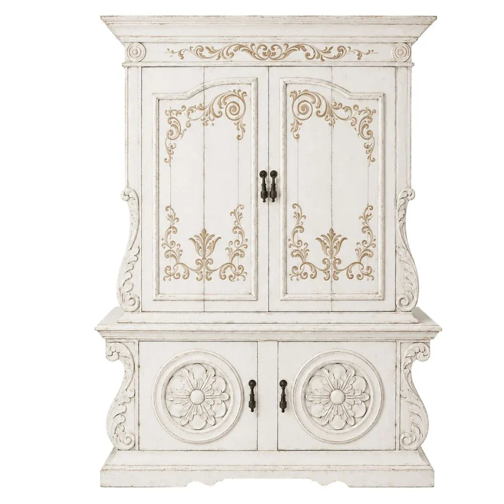 White Ornately Carved Entertainment Armoire