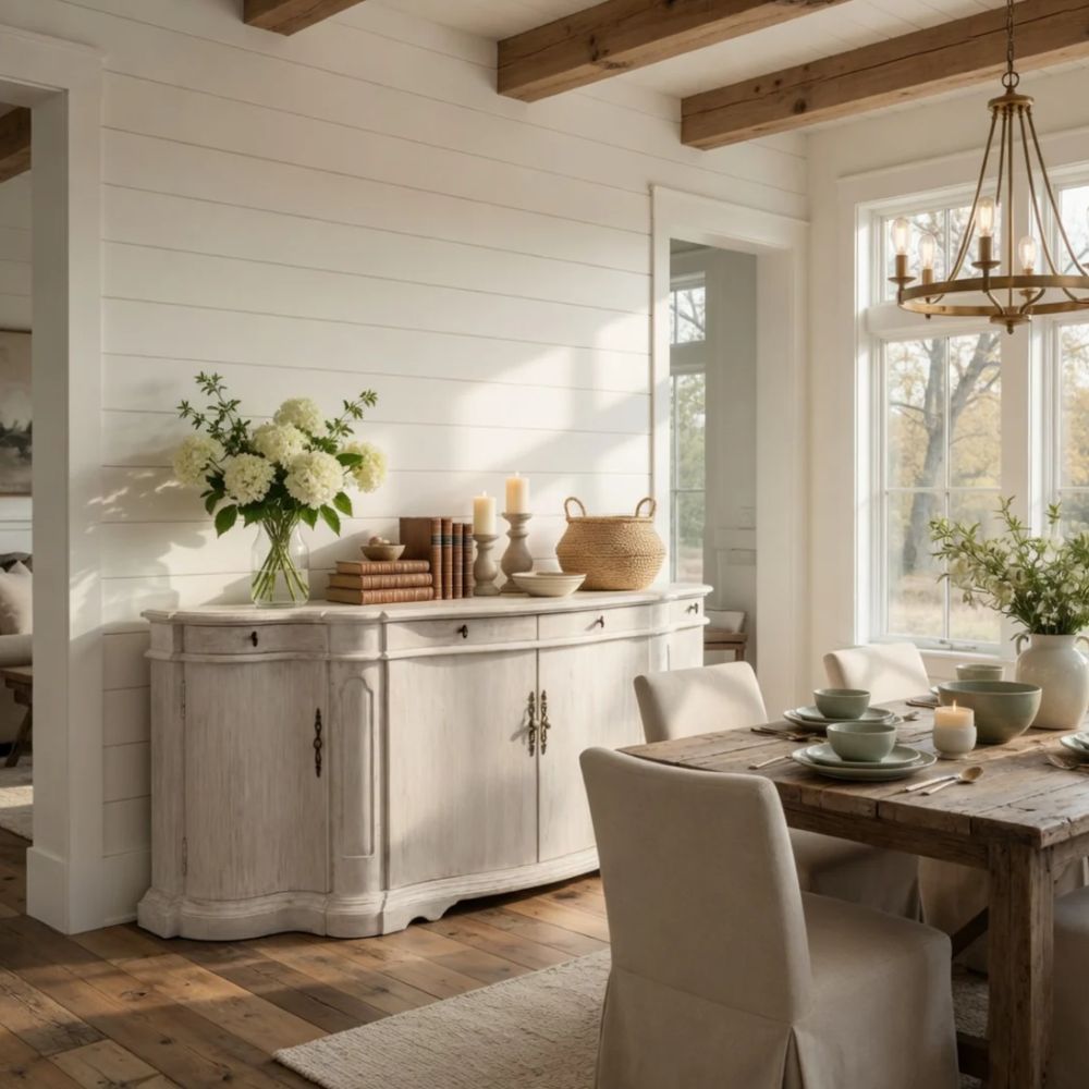 Whitewashed Wood Curved Courbe Buffet