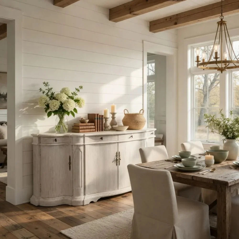 Whitewashed Wood Curved Courbe Buffet