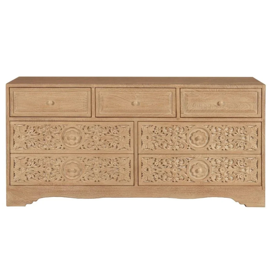 Hand-carved wooden dresser with floral motifs, perfect for French country or shabby chic decor