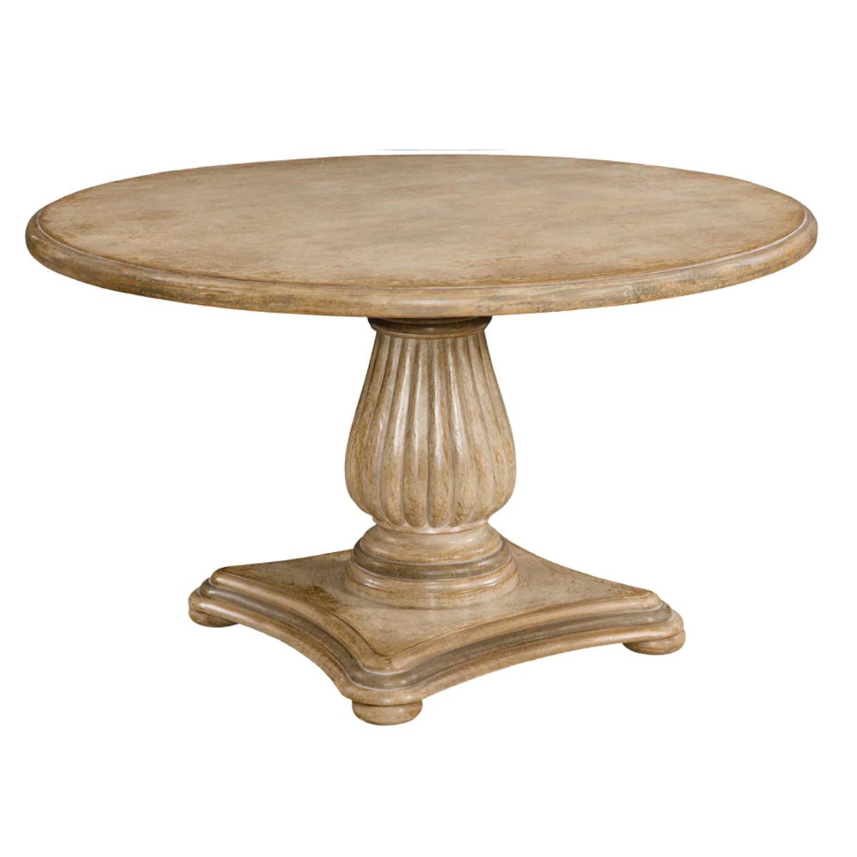 French country style round pedestal table in a weathered natural wood finish.