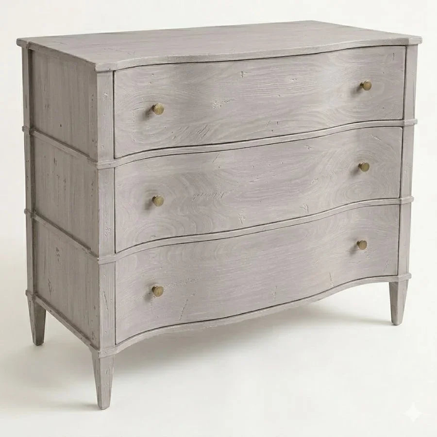 Gray shabby chic dresser with curved drawers and brass knobs, French country style furniture