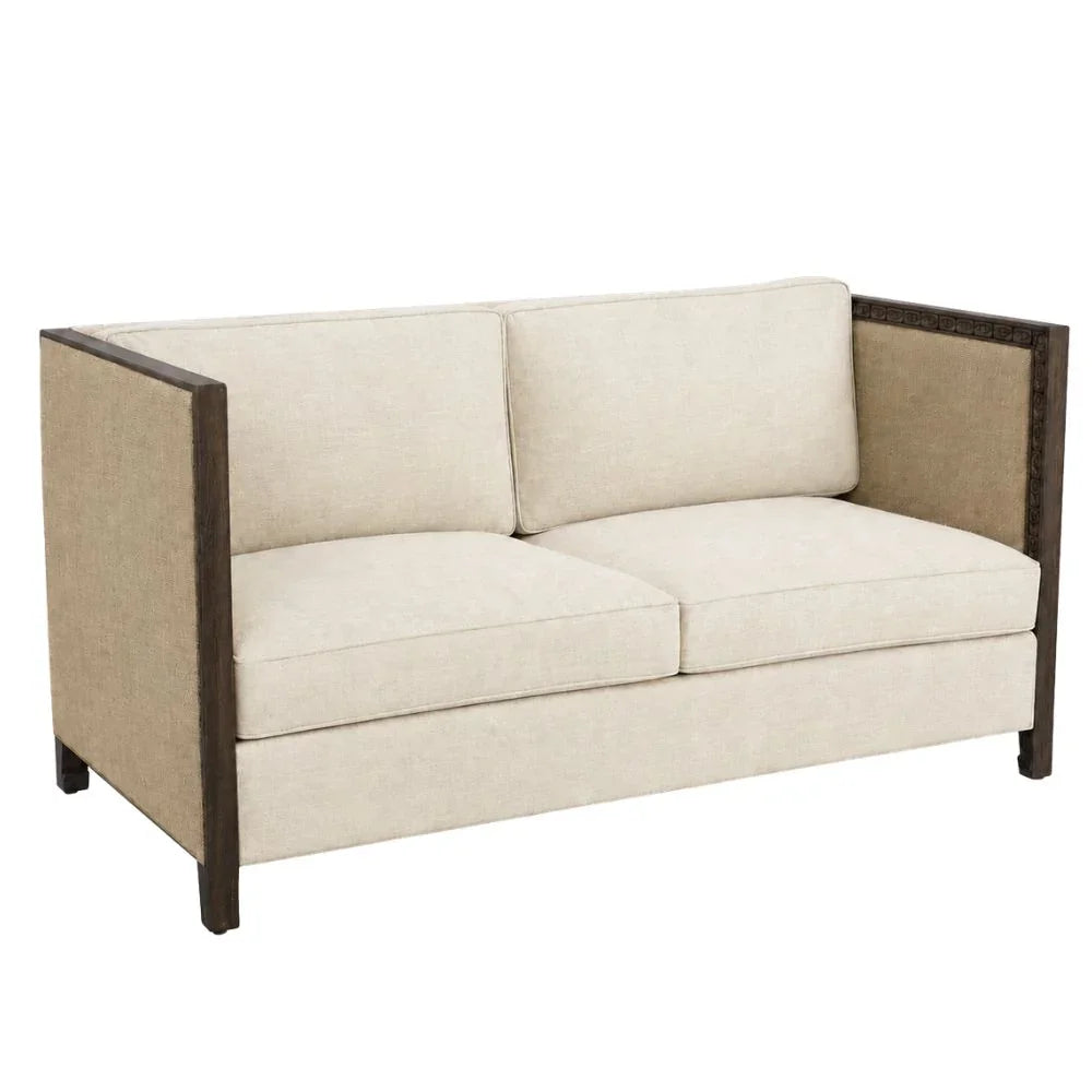 Cream linen loveseat in linen and burlap with dark wood frame, farmhouse style accent furniture