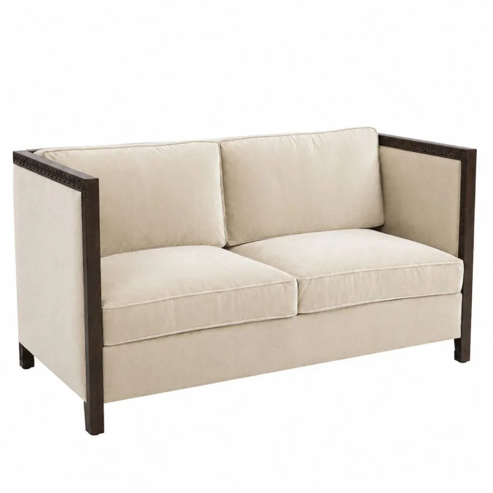 Cream velvet loveseat with dark wood frame, French country style accent furniture