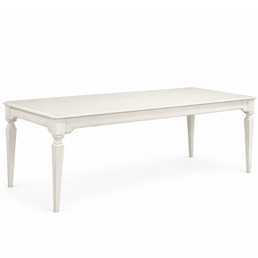 White French country style rectangular dining table with tapered legs.