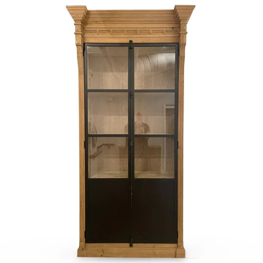 Iron Front Cathedral Pane Wood Cabinet