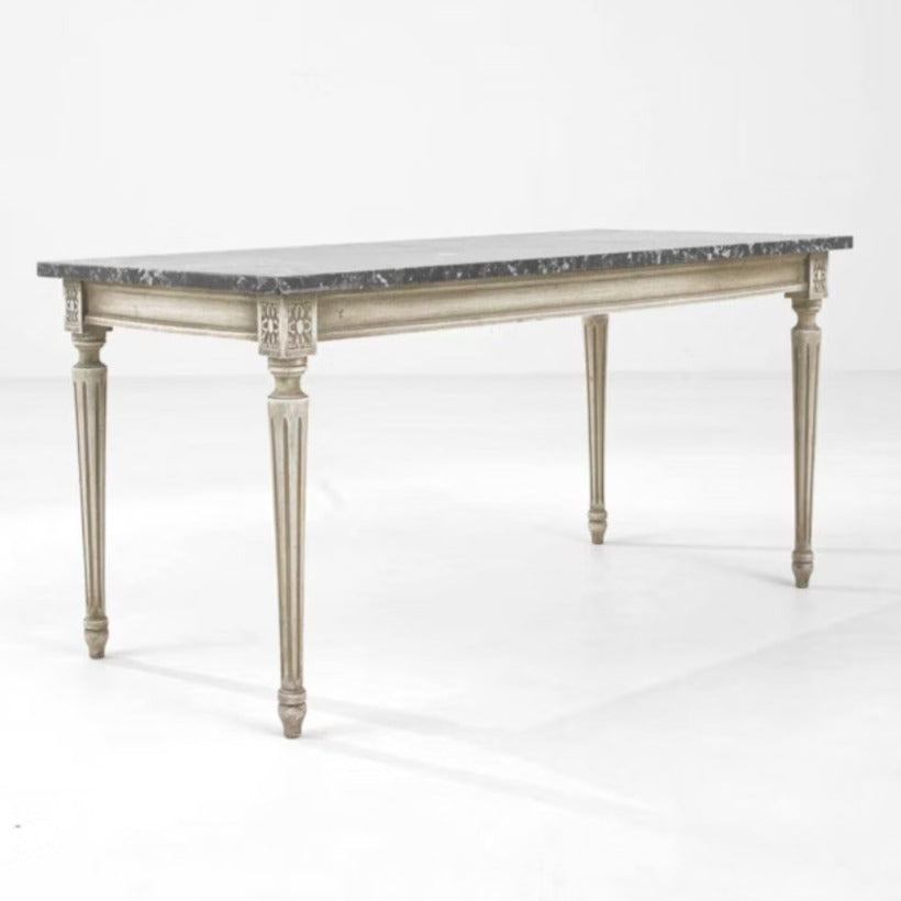 Fluted Leg Antique Coffee Table With Marble Top, Circa 1920