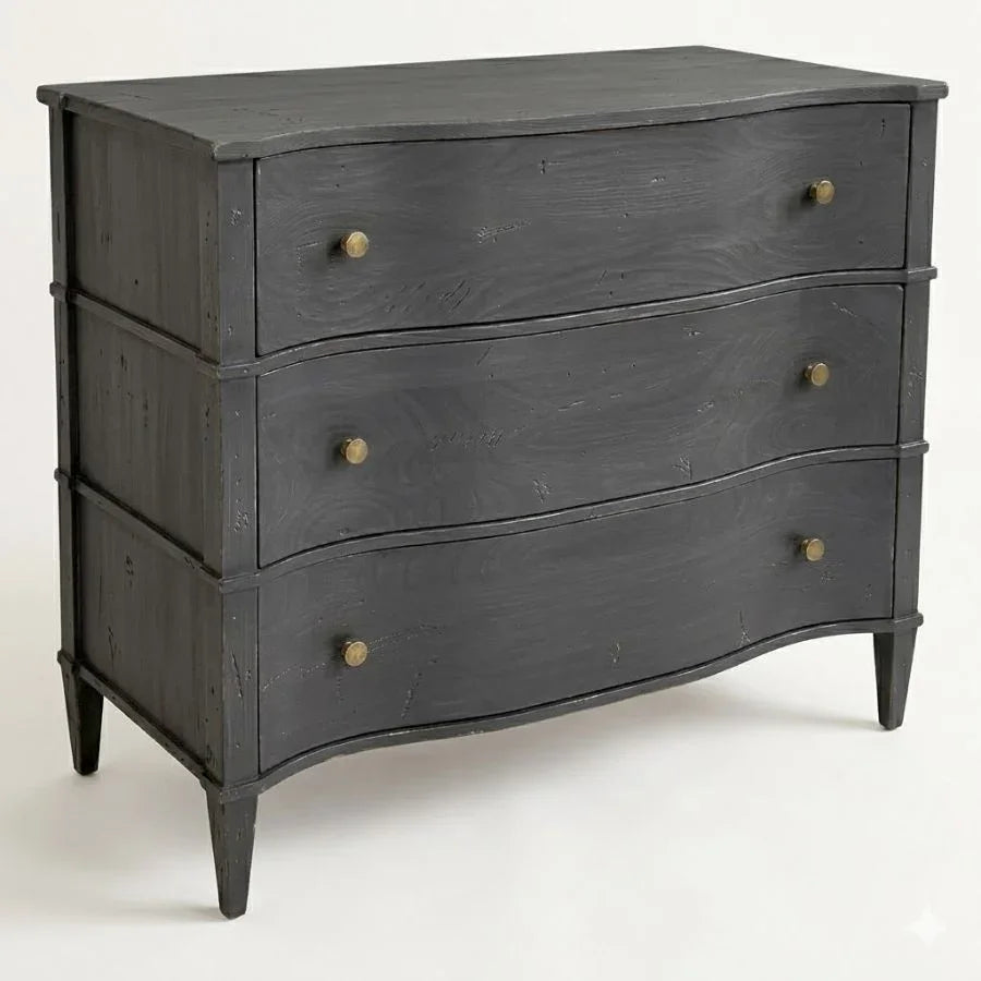 Black distressed dresser with curved drawers and brass knobs, farmhouse style furniture