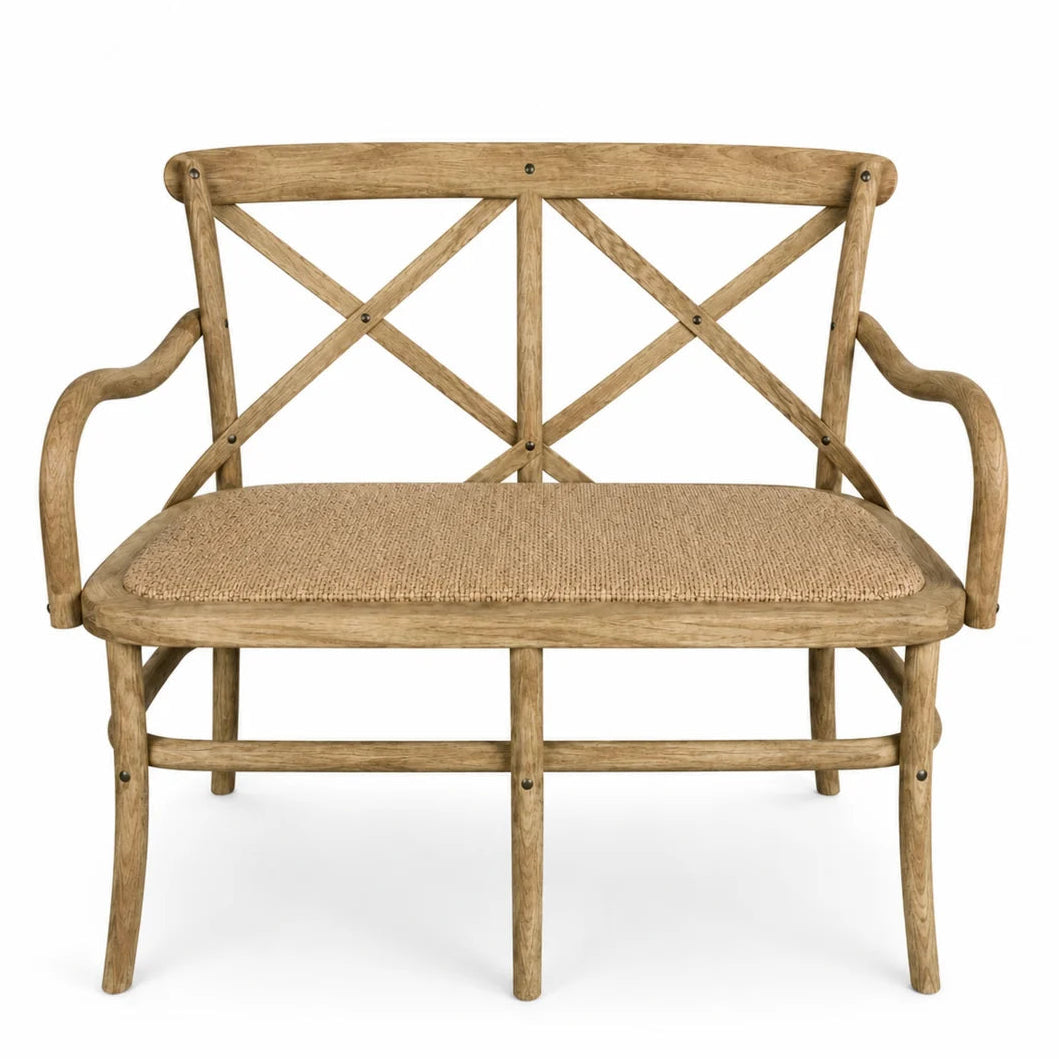 Hawthorne elm wood crossback bench with curved arms, X-back design, woven natural-fiber seat, and warm rustic finish.