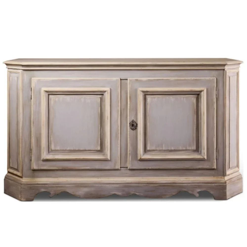 Distressed gray French country sideboard with ornate hardware and scalloped base