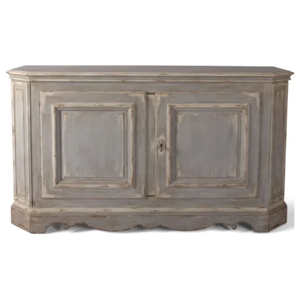 Distressed gray shabby chic sideboard with two doors, scalloped base, rustic farmhouse style