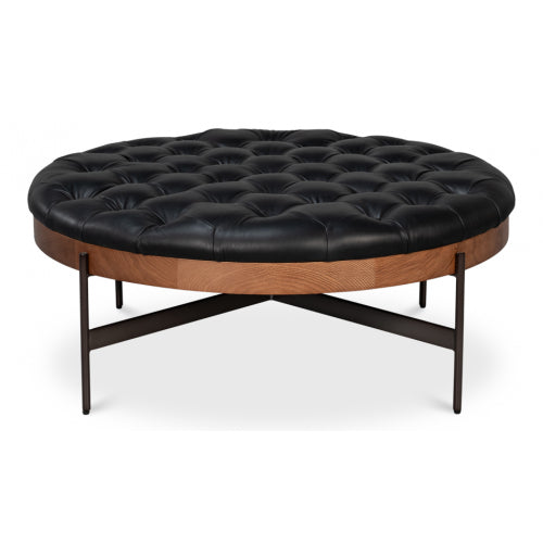 Rustic Top Grain Leather Tufted Ottoman