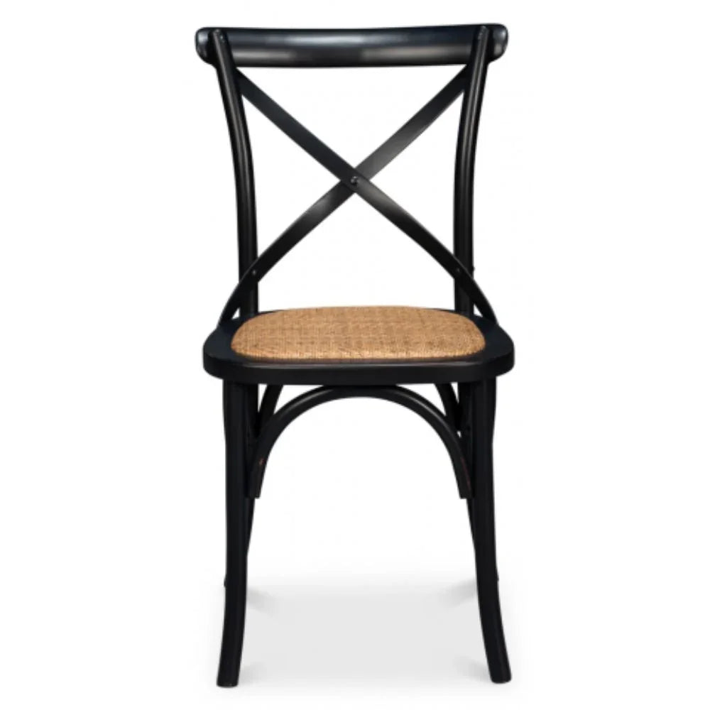 Black cross-back chair with natural woven seat, farmhouse dining style