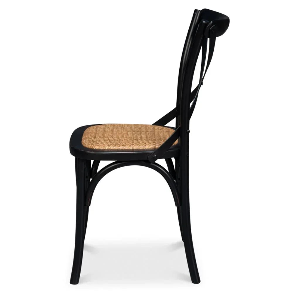 Black bentwood chair with woven rush seat, farmhouse and shabby chic style