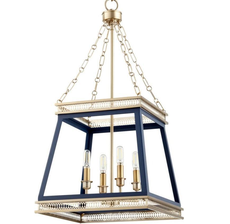 Navy blue and gold farmhouse pendant light with four bulbs and chain suspension
