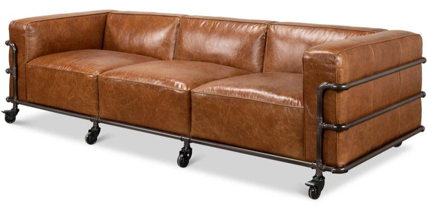 Brown Leather Industrial Iron Pipe Sofa - Belle Escape