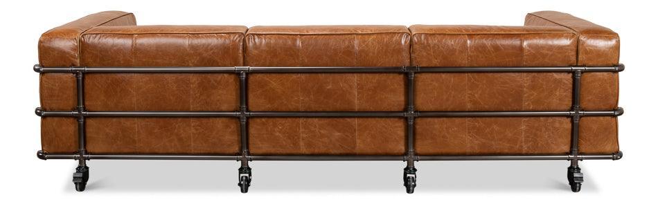 Brown Leather Industrial Iron Pipe Sofa - Belle Escape