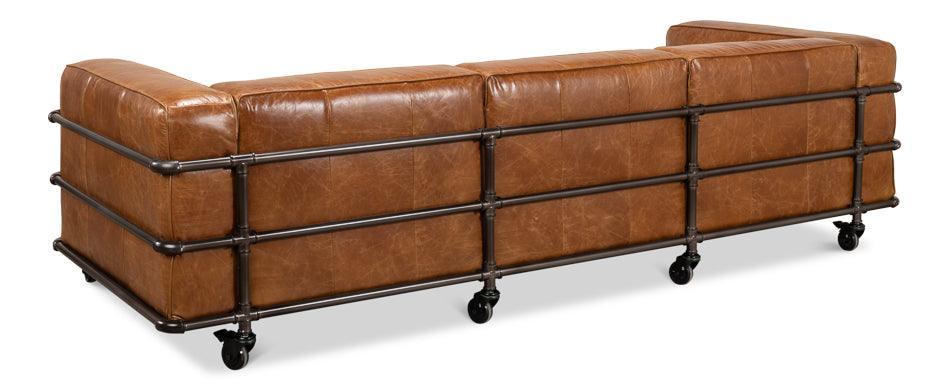 Brown Leather Industrial Iron Pipe Sofa - Belle Escape