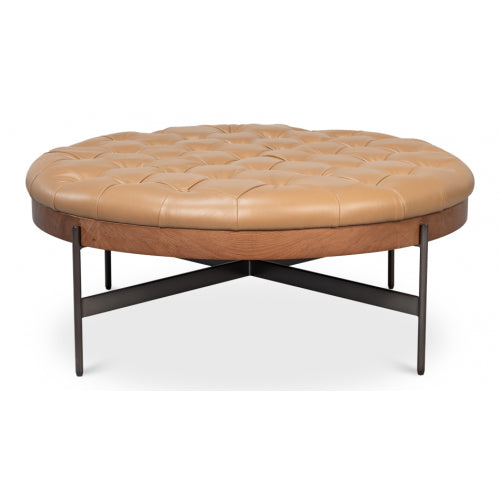 Rustic Top Grain Leather Tufted Ottoman