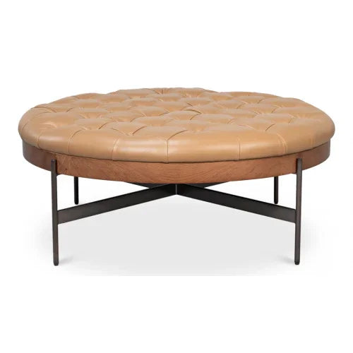 Rustic Top Grain Leather Tufted Ottoman