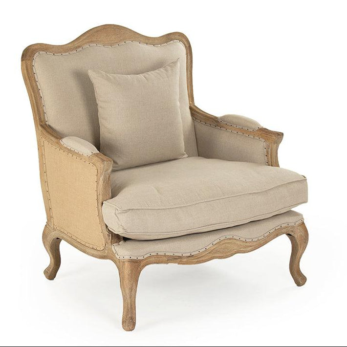 Elegant French country armchair with beige upholstery and wooden frame