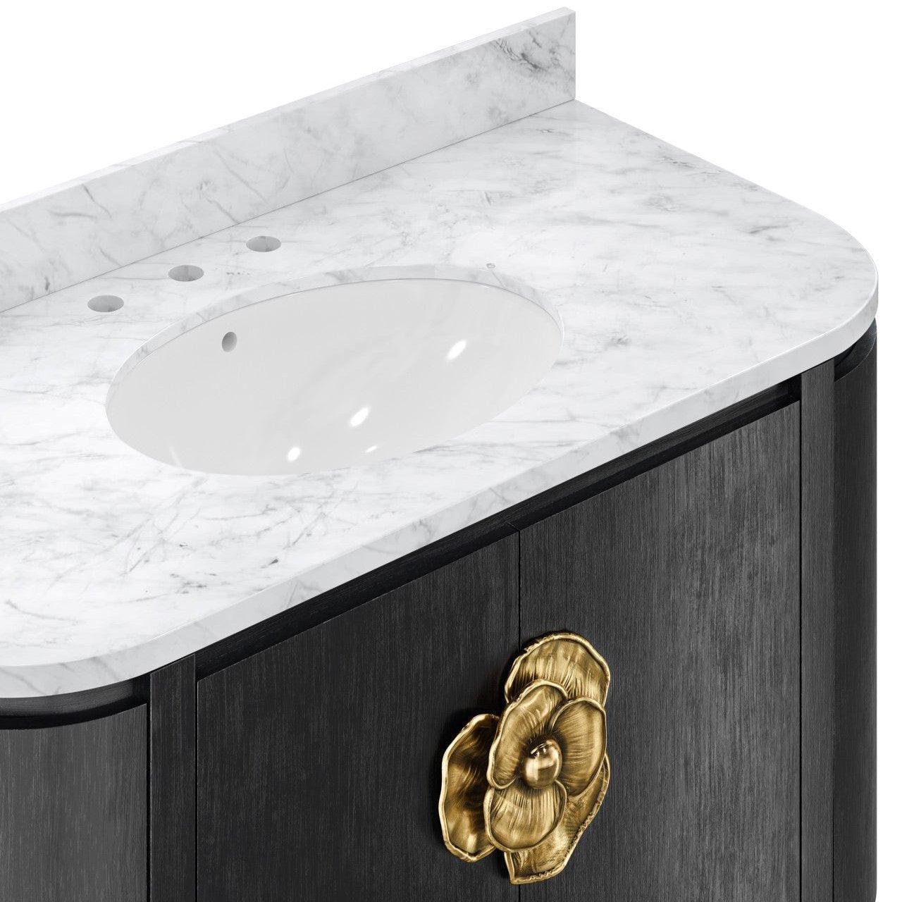 Brass Flower Black Marble Top Demilune Vanity