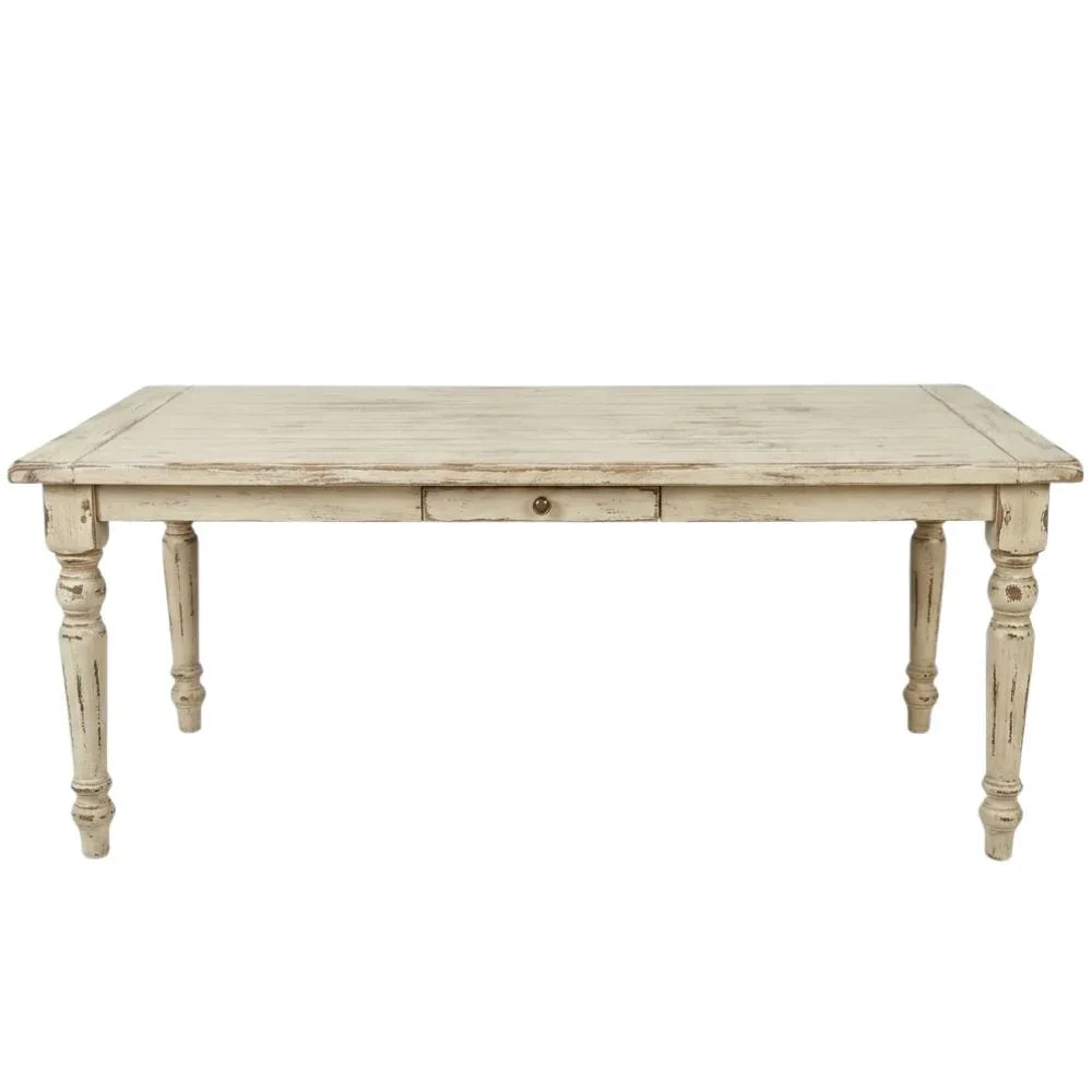 Shabby chic farmhouse table with distressed finish and drawer
