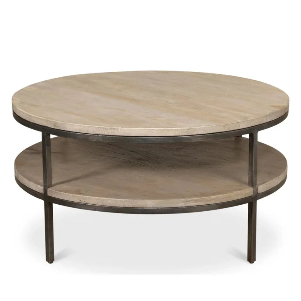 Round two-tier coffee table with stone top and metal frame, rustic farmhouse style