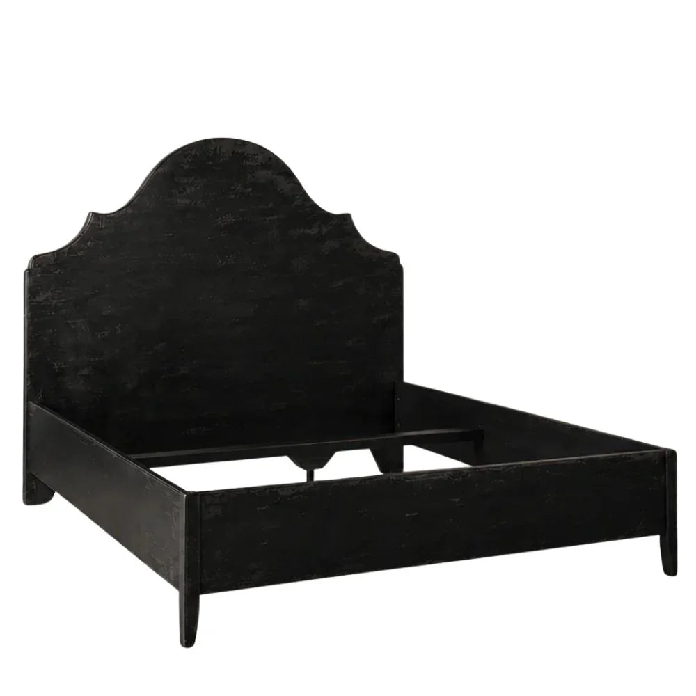 Black distressed wood bed frame with arched headboard, farmhouse style