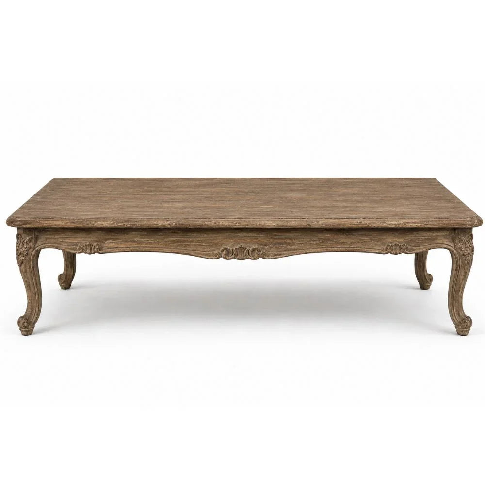 Rustic French country coffee table with carved legs and distressed wood finish