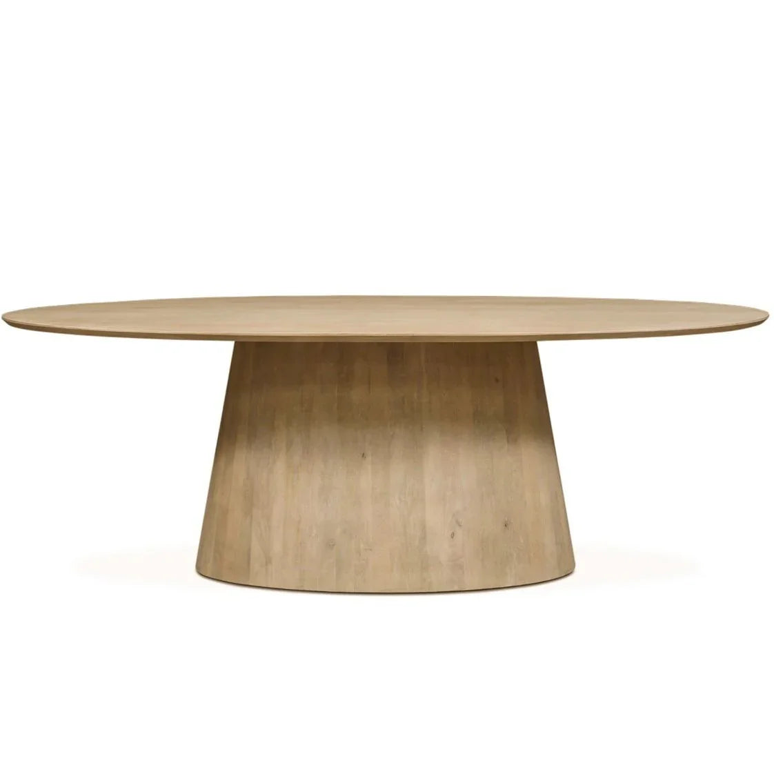 Modern oval wooden dining table with pedestal base, natural finish