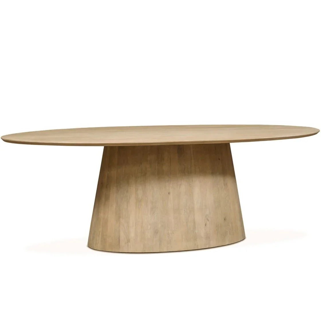 Modern oval wooden dining table with pedestal base, natural finish, farmhouse style