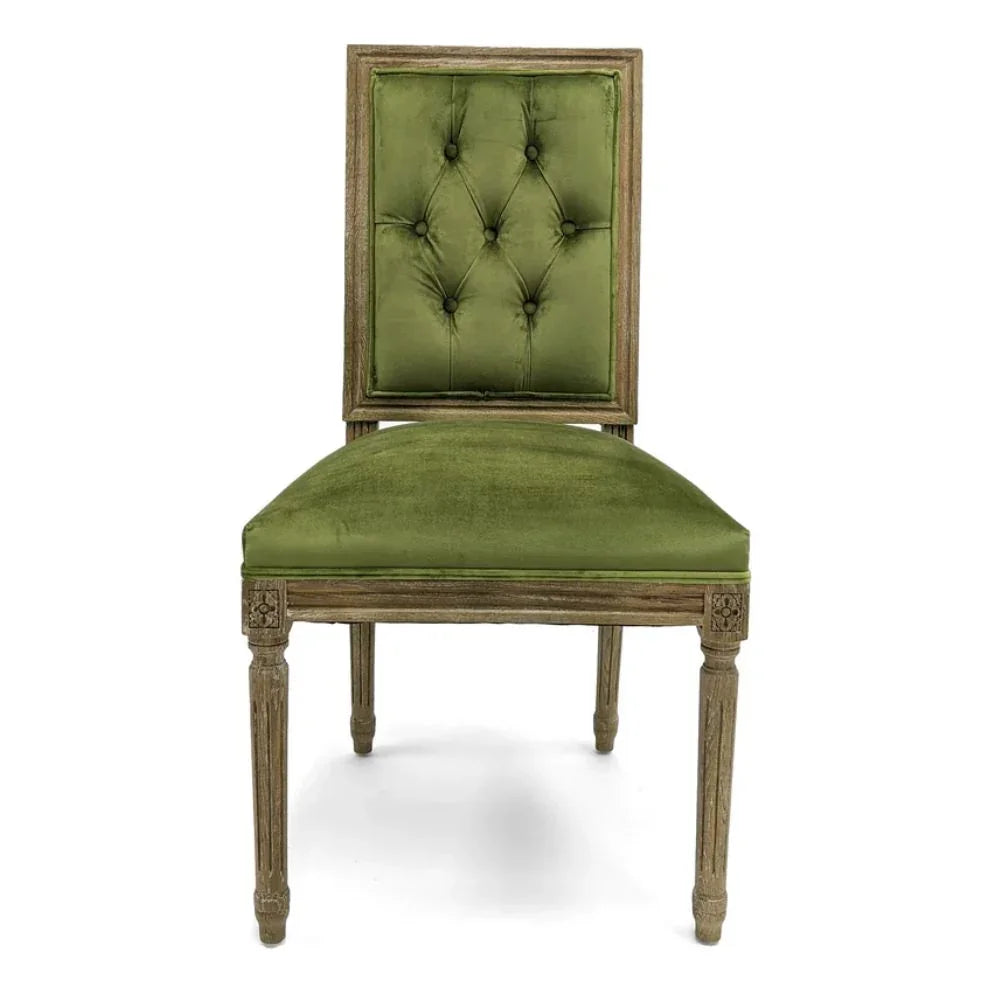 Olive green velvet tufted dining chair with distressed wood frame, French country style