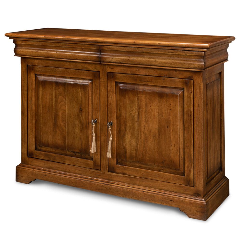 French country wooden sideboard with tassel pulls, rustic farmhouse style storage cabinet