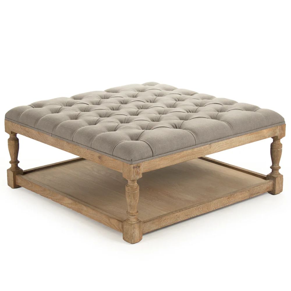 Gray Linen Square Tufted Ottoman