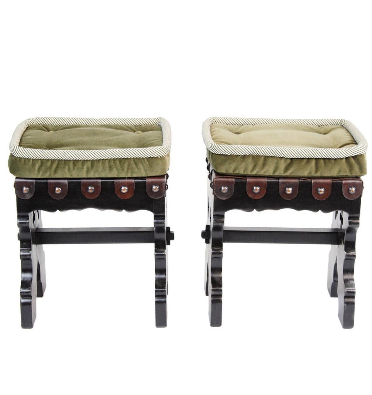 King Ferdinand Leather and Velvet Stools - Belle Escape