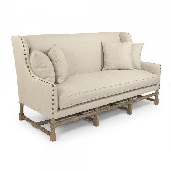 Natural Linen Provencal Nail Studded Settee - Belle Escape