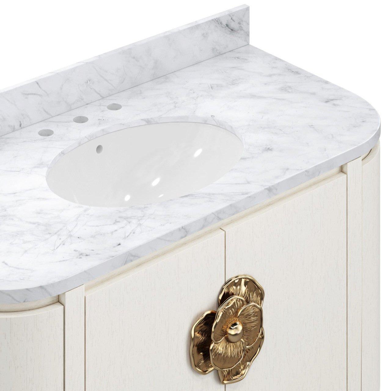 Brass Flower White Marble Top Demilune Vanity