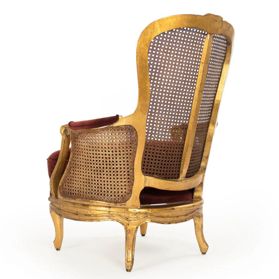 Luxurious French Gilded Cane Armchair with Red Velvet Cushion