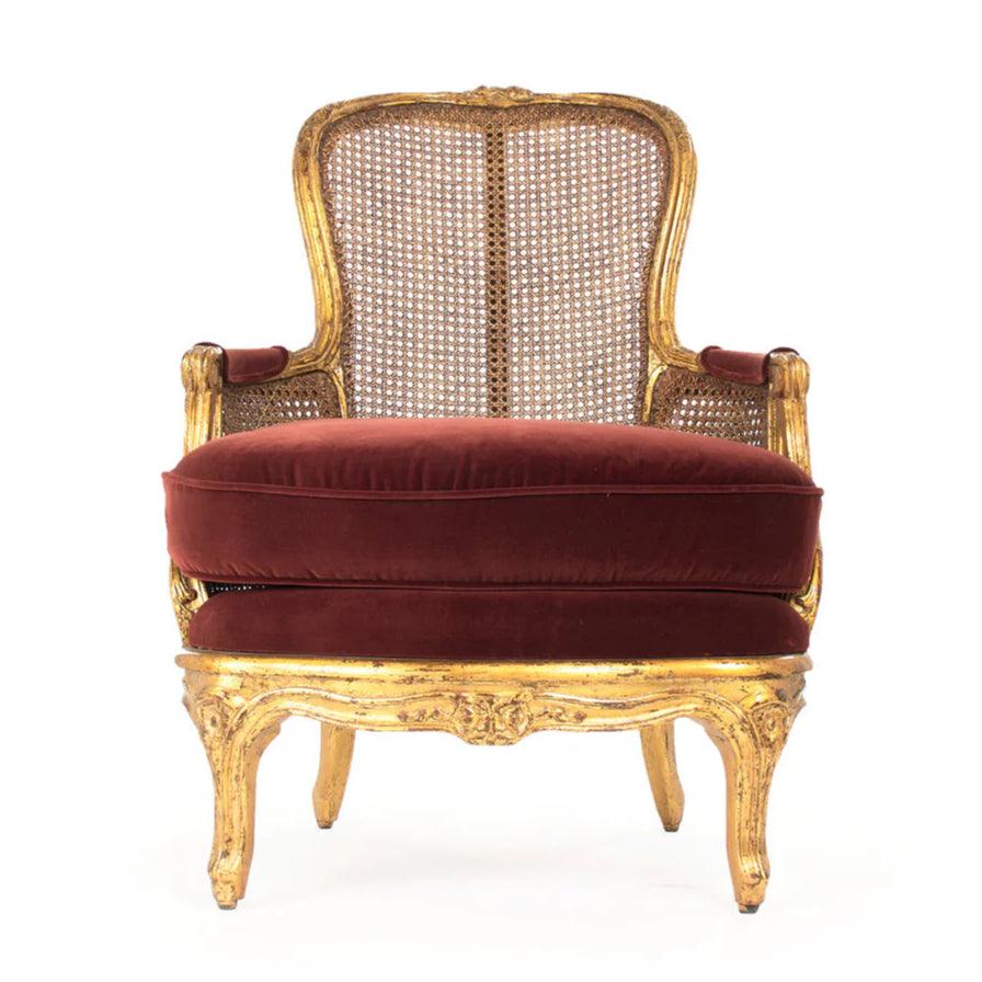 Luxurious French Gilded Cane Armchair with Red Velvet Cushion